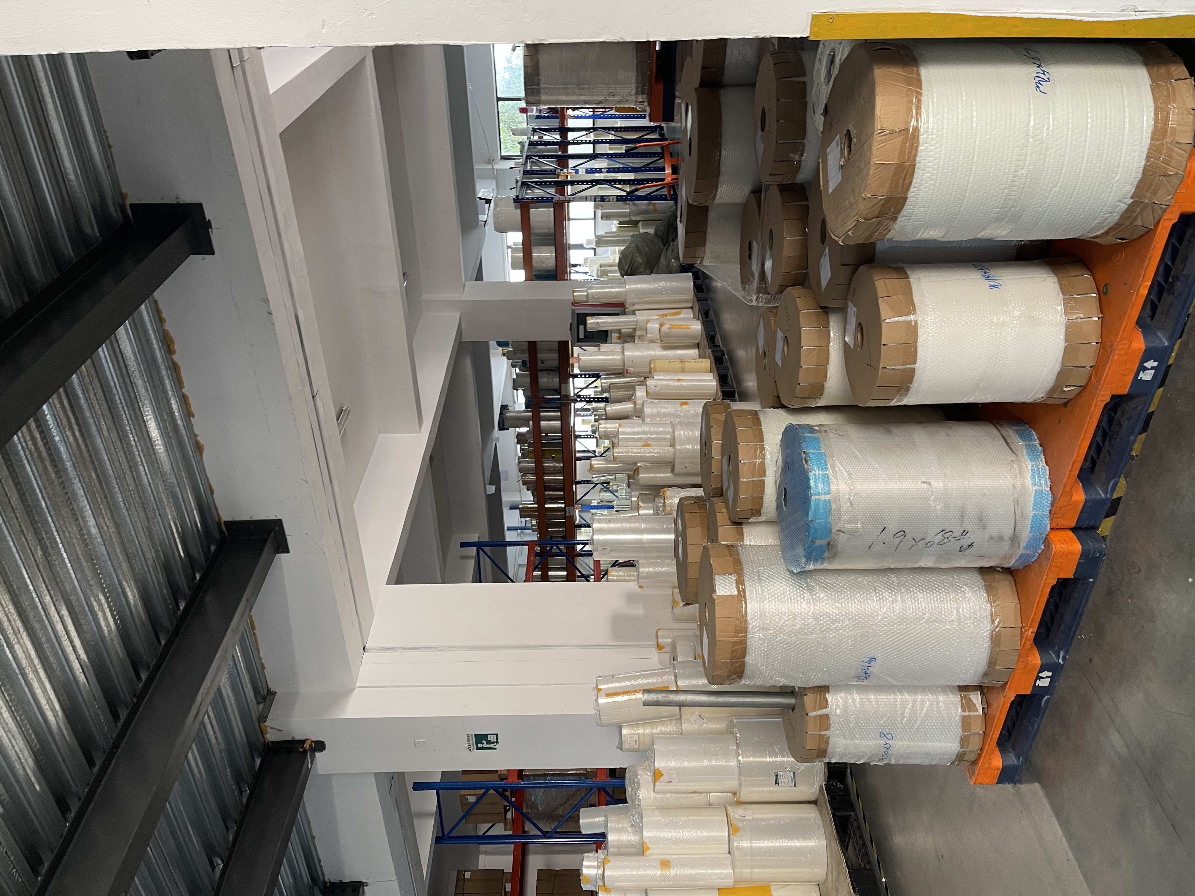 Flexible packaging film storage Additional packaging film rolls in the BioPouches raw material warehouse