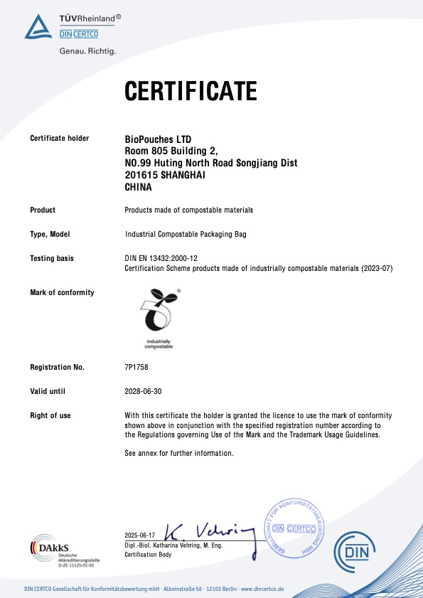 TÜV Rheinland DIN CERTCO 7P1758 page 1 DIN CERTCO industrial compostability certificate 7P1758 held by BioPouches LTD