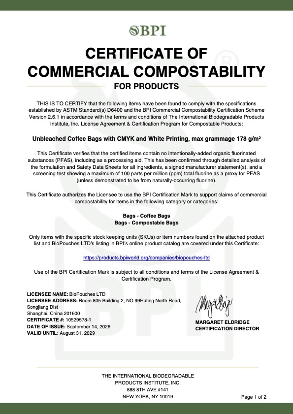 BPI Certificate BioPouches LTD page 1 BPI commercial compostability certificate for BioPouches LTD under ASTM D6400