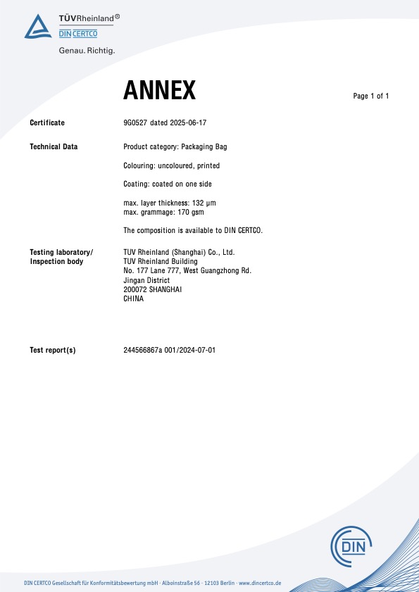 DIN CERTCO 9G0527 annex Technical annex for BioPouches DIN CERTCO registration 9G0527