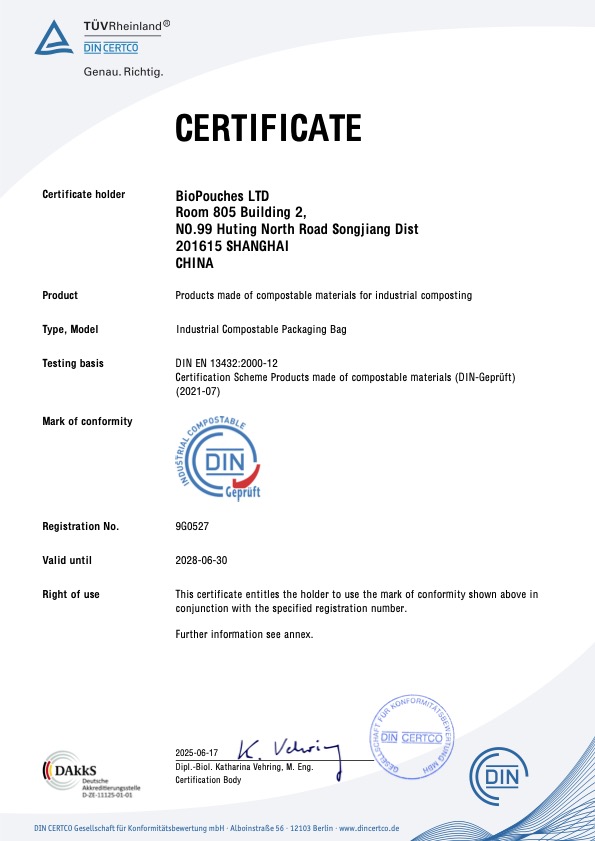 DIN CERTCO Industrial Compostability 9G0527 page 1 DIN CERTCO industrial compostability certificate 9G0527 for BioPouches LTD